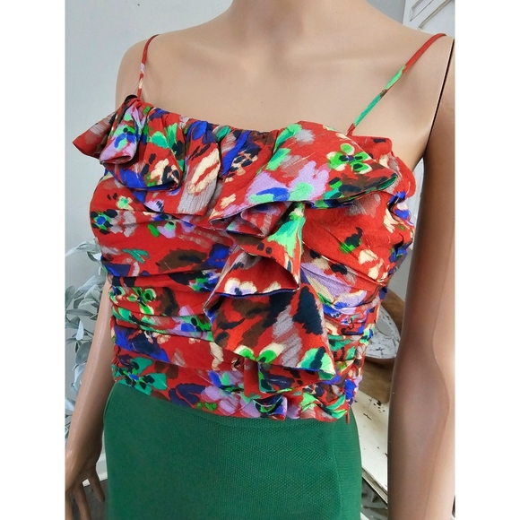 ZARA Red Floral Print Ruffled Corset Crop Adjustable Straps Top Size Medium - Picture 3 of 6